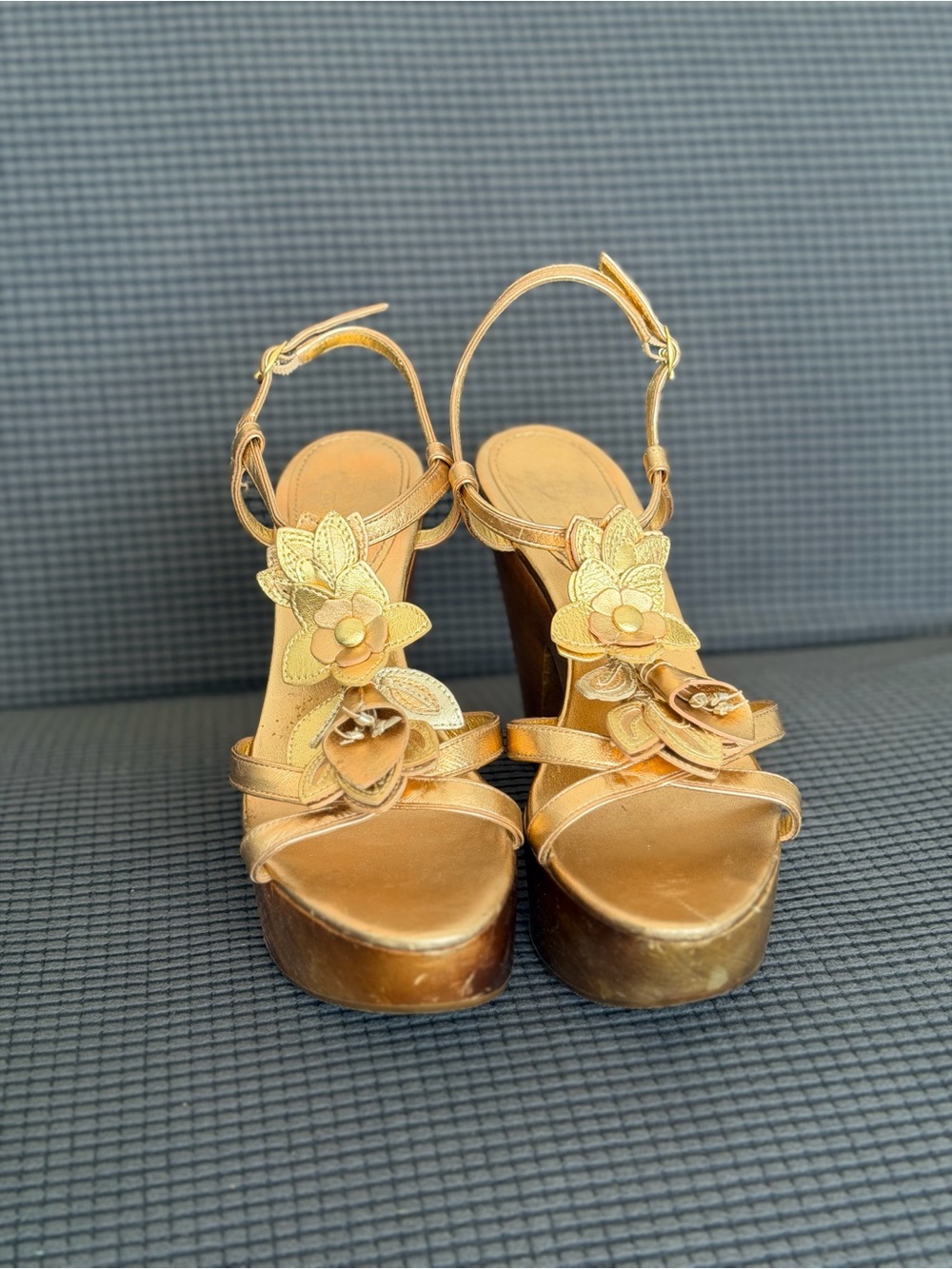 Coach Metallic Gold Floral Platform Heels